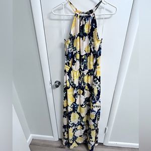 ABS Collection Navy Blue and Yellow Floral Print High Neck Maxi Dress